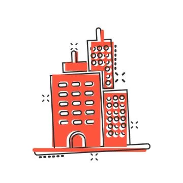 Building icon in comic style. Town skyscraper apartment cartoon vector illust Ilustración de archivo