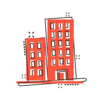 Building icon in comic style. Town skyscraper apartment cartoon vector illust Ilustración de archivo