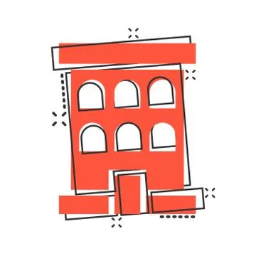 Building icon in comic style. Town skyscraper apartment cartoon vector illust Ilustración de archivo