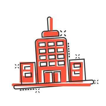 Building icon in comic style. Town skyscraper apartment cartoon vector illust Ilustración de archivo