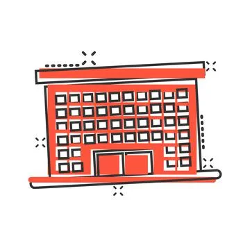 Building icon in comic style. Town skyscraper apartment cartoon vector illust Ilustración de archivo