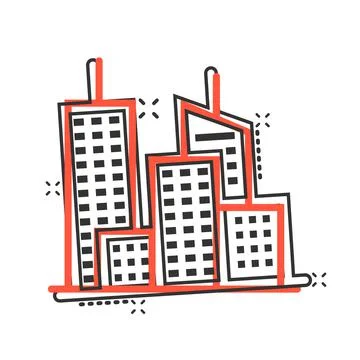 Building icon in comic style. Town skyscraper apartment cartoon vector illust Ilustración de archivo
