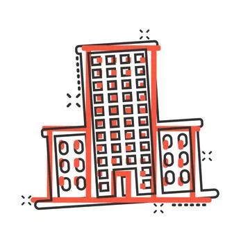Building icon in comic style. Town skyscraper apartment cartoon vector illust Ilustración de archivo