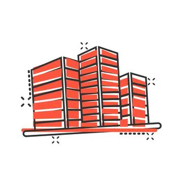 Building icon in comic style. Town skyscraper apartment cartoon vector illust Ilustración de archivo