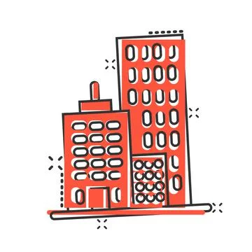 Building icon in comic style. Town skyscraper apartment cartoon vector illust Ilustración de archivo