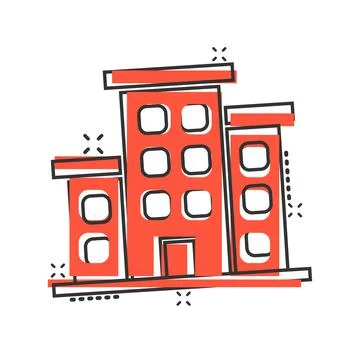 Building icon in comic style. Town skyscraper apartment cartoon vector illust Ilustración de archivo