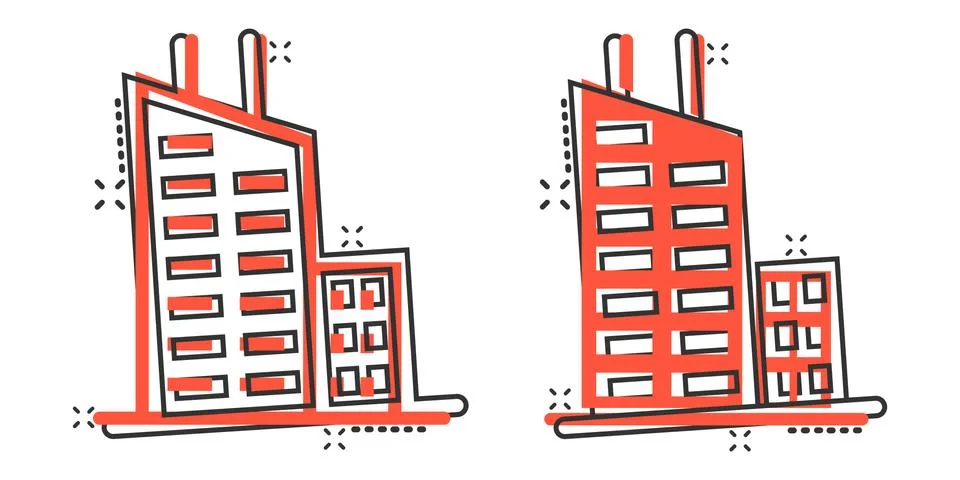 Building icon in comic style. Town skyscraper apartment cartoon vector illust Ilustración de archivo