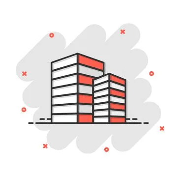 Building icon in comic style. Town skyscraper apartment cartoon vector illust Ilustración de archivo