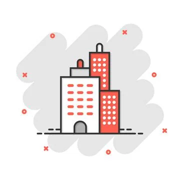 Building icon in comic style. Town skyscraper apartment cartoon vector illust Ilustración de archivo