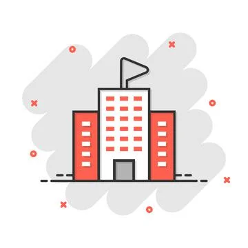Building icon in comic style. Town skyscraper apartment cartoon vector illust Ilustración de archivo