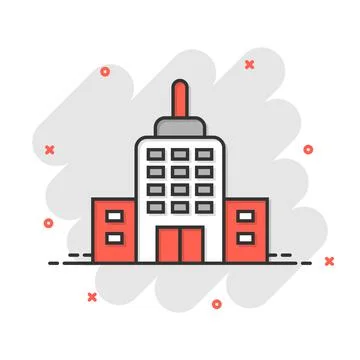 Building icon in comic style. Town skyscraper apartment cartoon vector illust Ilustración de archivo