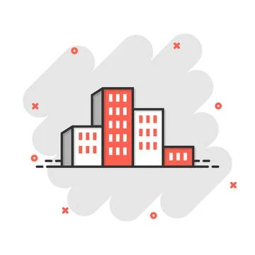 Building icon in comic style. Town skyscraper apartment cartoon vector illust Ilustración de archivo