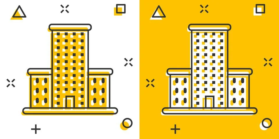 Building icon in comic style. Town skyscraper apartment cartoon vector illust Ilustración de archivo