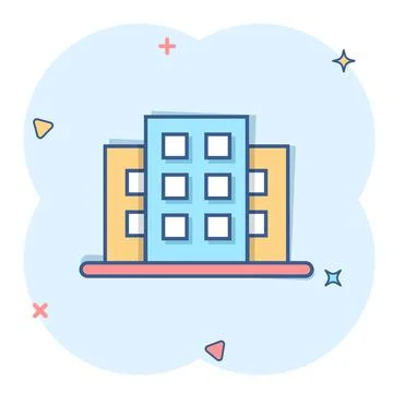 Building icon in comic style. Town skyscraper apartment cartoon vector illust Ilustración de archivo