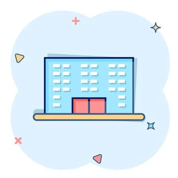 Building icon in comic style. Town skyscraper apartment cartoon vector illust Ilustración de archivo