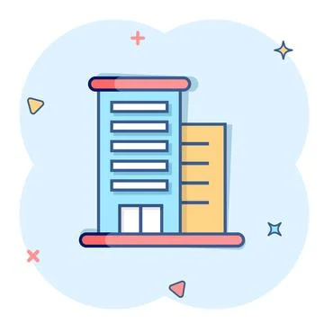 Building icon in comic style. Town skyscraper apartment cartoon vector illust Ilustración de archivo