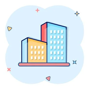 Building icon in comic style. Town skyscraper apartment cartoon vector illust Ilustración de archivo