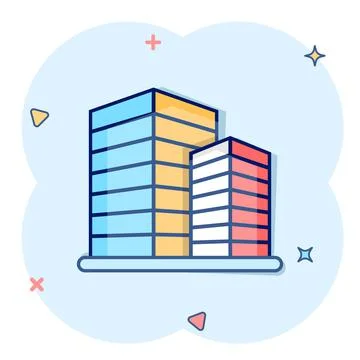 Building icon in comic style. Town skyscraper apartment cartoon vector illust Ilustración de archivo