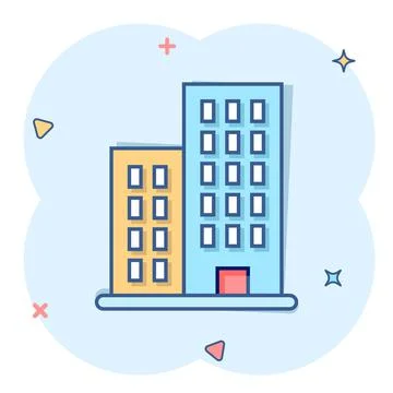 Building icon in comic style. Town skyscraper apartment cartoon vector illust Ilustración de archivo