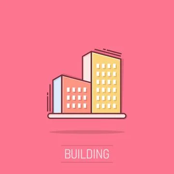 Building icon in comic style. Town skyscraper apartment cartoon vector illu.. Ilustración de archivo