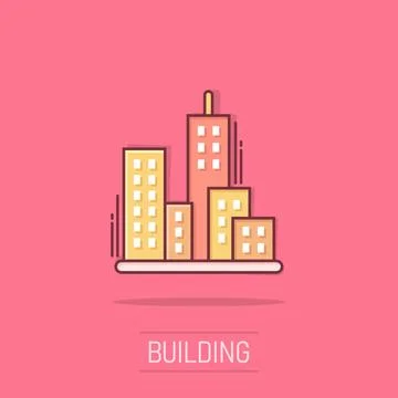 Building icon in comic style. Town skyscraper apartment cartoon vector illu.. Ilustración de archivo