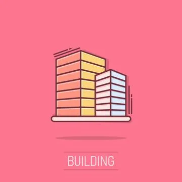 Building icon in comic style. Town skyscraper apartment cartoon vector illu.. Ilustración de archivo