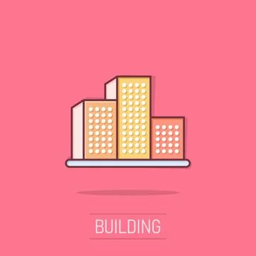 Building icon in comic style. Town skyscraper apartment cartoon vector illu.. Ilustración de archivo