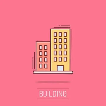 Building icon in comic style. Town skyscraper apartment cartoon vector illu.. Ilustración de archivo