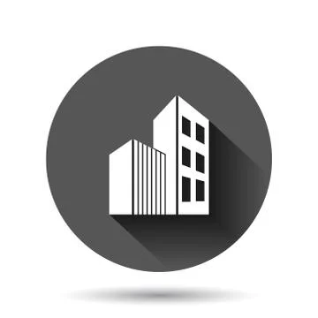 Building icon in flat style. Skyscraper vector illustration on black round ba Stock Illustration