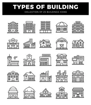 Building icon illustrations in black and white outlines. Ilustración de archivo