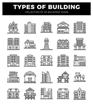 Building icon illustrations in a grid layout on a white background Ilustración de archivo