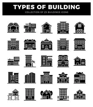 Building icon illustrations on a white background. Ilustración de archivo