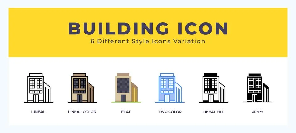Building icon set with different styles. Icons designed in filled. outline... Ilustración de archivo