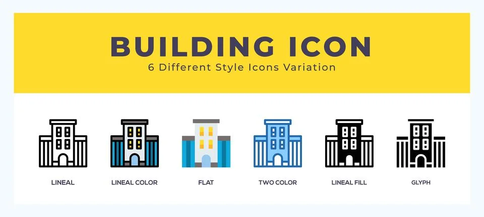 Building icon set with different styles. Icons designed in filled. outline... Ilustración de archivo