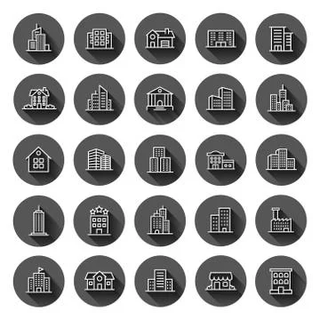 Building icon set in flat style. Town skyscraper apartment vector illustratio Ilustración de archivo
