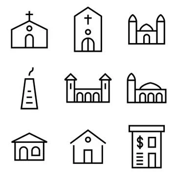Building icon set lined simple flat style illustration Stock Illustration