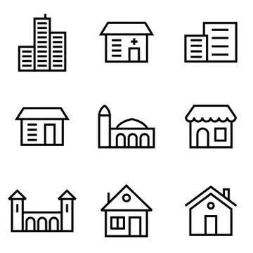 Building icon set lined simple flat style illustration Stock Illustration
