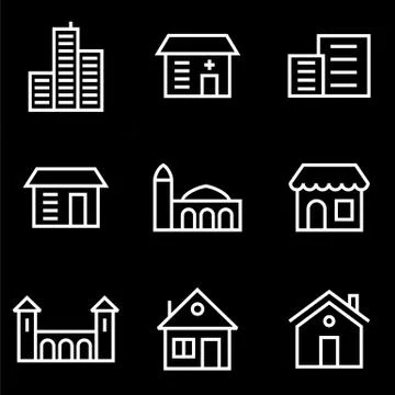 Building icon set lined simple flat style illustration Stock Illustration