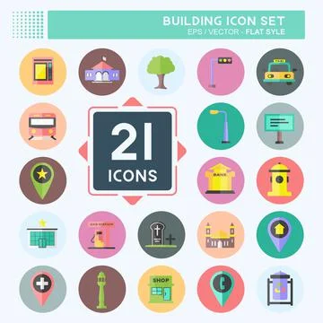 Building Icon Set in trendy flat style isolated on soft blue background Ilustración de archivo