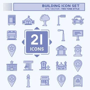 Building Icon Set in trendy two tone style isolated on soft blue background Ilustración de archivo