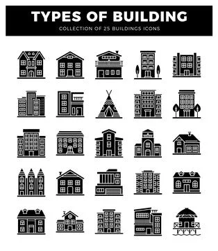 Building icon silhouettes on white background. Ilustración de archivo