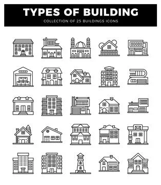 Building icon types with varied architectural styles. displayed on a white .. Ilustración de archivo