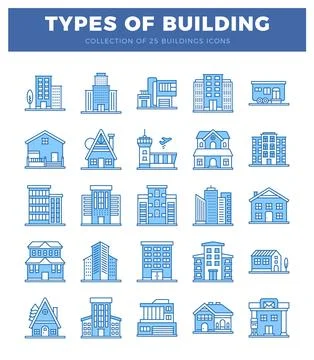 Building icons for architectural design with diverse structures in a clean... Ilustración de archivo