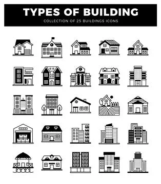 Building icons in black and white. featuring various residential and commer.. Ilustración de archivo
