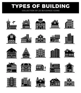 Building icons in black on a white background. Ilustración de archivo