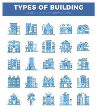 Building icons in blue. displayed on a white background. showcasing archite.. Ilustración de archivo