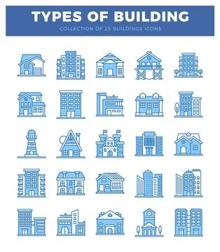 Building icons in blue line art on white background. representing diverse s.. Ilustración de archivo