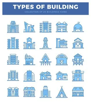 Building icons in blue. with various architectural styles and designs. Vect.. Ilustración de archivo