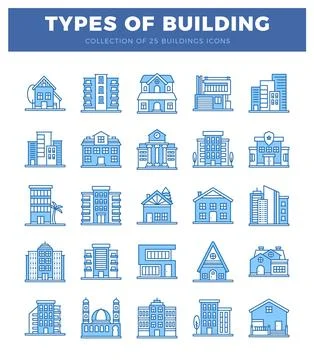 Building icons in blue on a white background. showcasing various residentia.. Ilustración de archivo