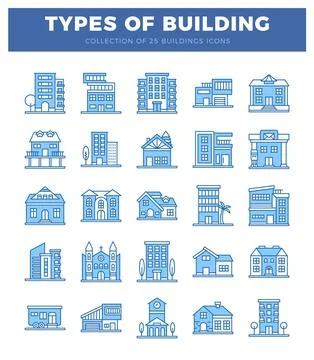 Building icons in blue on white. Ilustración de archivo